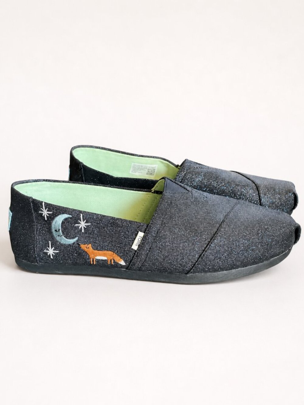 RARE Toms Blue Fox Embroidered Glitter Slip-On slides, Moon & Stars Embroidery